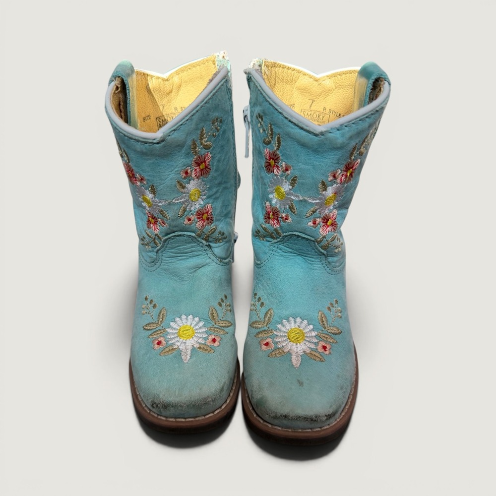 Smoky Mountain Boots Toddler Girls Turquoise Leather Floral Daisy Western Size 7